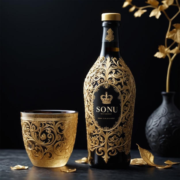 wine bottle gold royal wine bottle with glass ai generate images