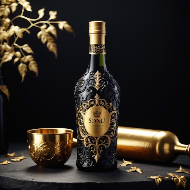 wine bottle gold royal wine bottle with glass ai generate images