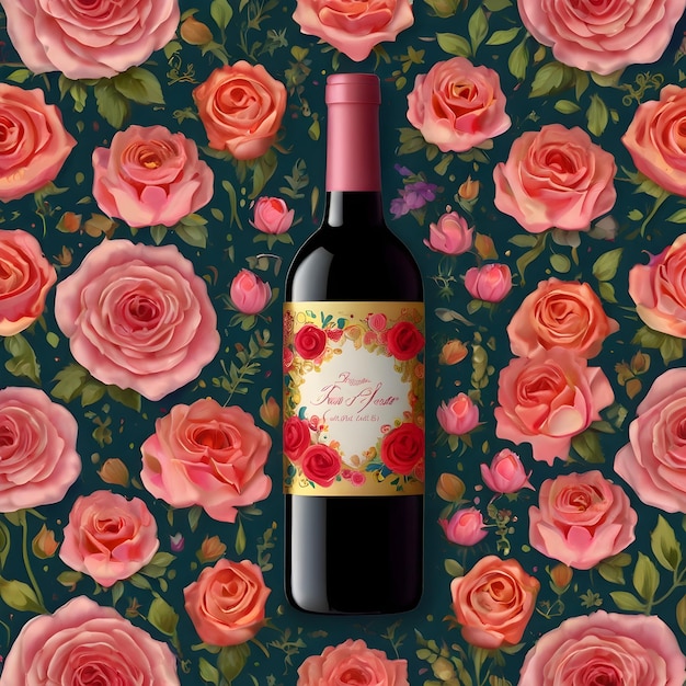 Photo a wine bottle with an eyecatching label the label presents a beautiful pink rose