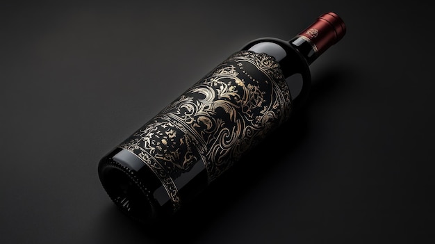 Wine Bottle with Intricate Gold Design on Black Background