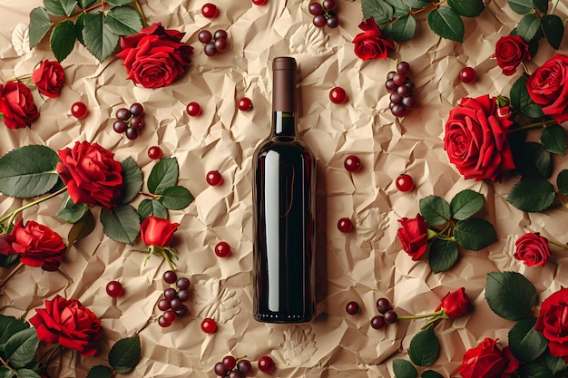 Photo wine bottle with red roses on vintage background wine tasting valentines day celebration