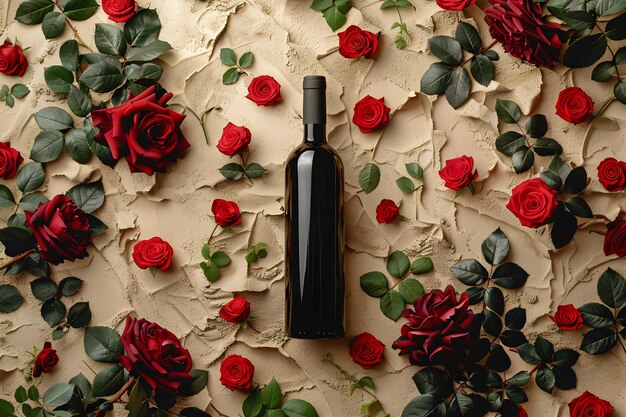 Photo wine bottle with red roses on vintage background wine tasting valentines day celebration