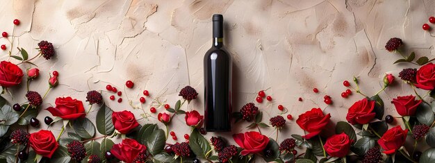 Photo wine bottle with red roses on vintage background wine tasting valentines day celebration