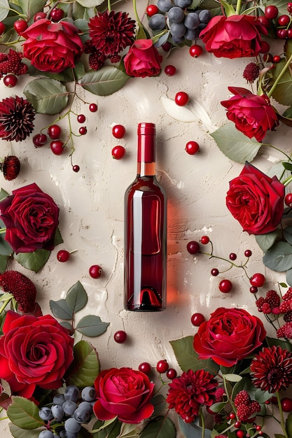 Photo wine bottle with red roses on vintage background wine tasting valentines day celebration