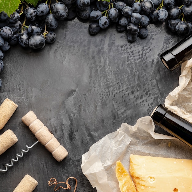 Wine bottles cheeses grapes corkscrew made frame. Vintage still life wine composition with Camembert grapes. Restaurant dinner space for text on dark concrete background. square stock photo.