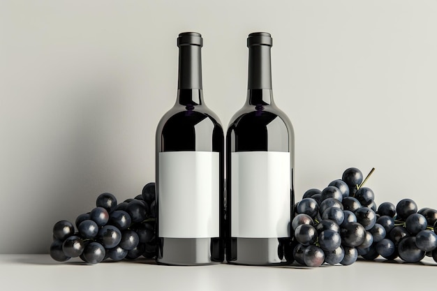 Wine bottles mockup with grapes and blank labels