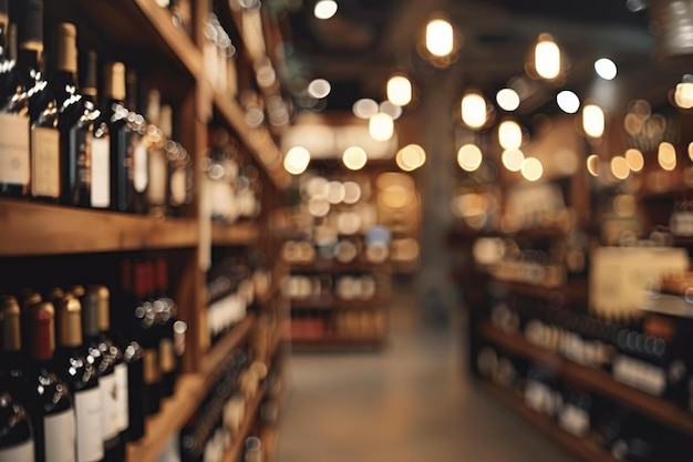 Wine bottles resting on wooden shelves in blurred wine shop