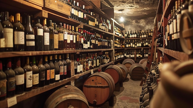 Wine Cellar Filled With Bottles and Barrels