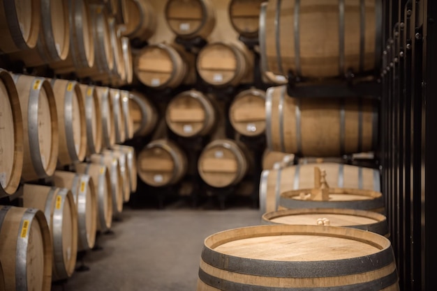 Wine cellar interior background. Wooden barrel with copy space on top, selective focus