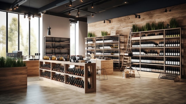 Photo a wine cellar with a wooden shelf and a large wooden shelf with a plant on the top.