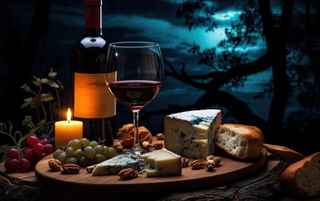 wine and cheese in a glass on a wooden board behind some lights