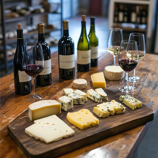 Photo a wine and cheese pairing event with italian varieties displayed on a wooden table