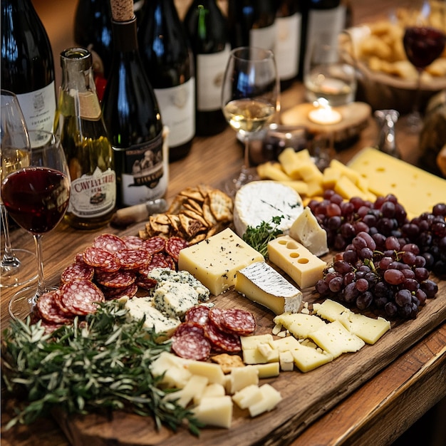 Photo a wine and cheese pairing event with italian varieties displayed on a wooden table