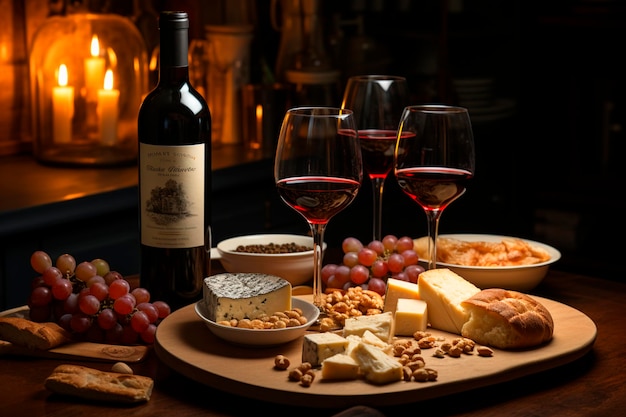 Wine and cheese on a wooden table Generative AI