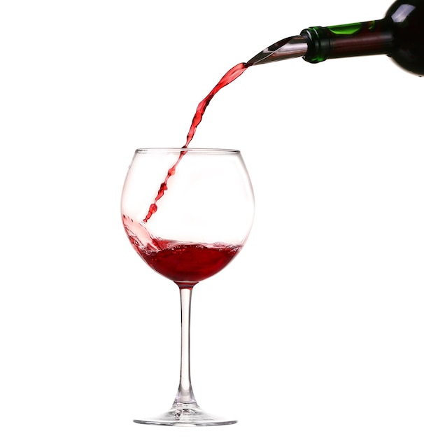 Wine collection Splashing red wine in a glass Isolated on white background and pourer