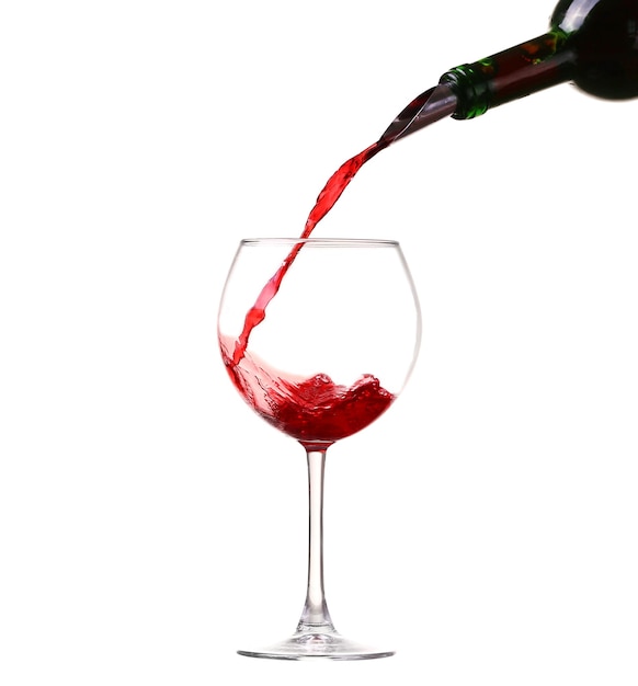 Wine collection Splashing red wine in a glass Isolated on white background and pourer