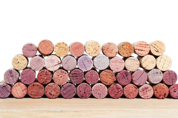 Wine corks isolated on white background. Multicolored corks from white and red wine bottles.