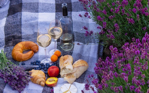 Wine fruits berries cheese glasses picnic in lavender field Selective focus