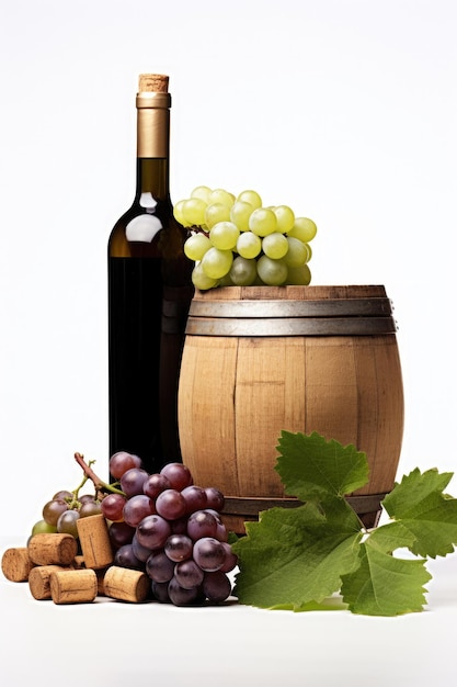 wine glass bottle barrel and grapes fruit on white background