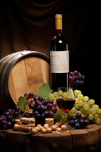 Wine glass bottle barrel and grapes fruit on white background