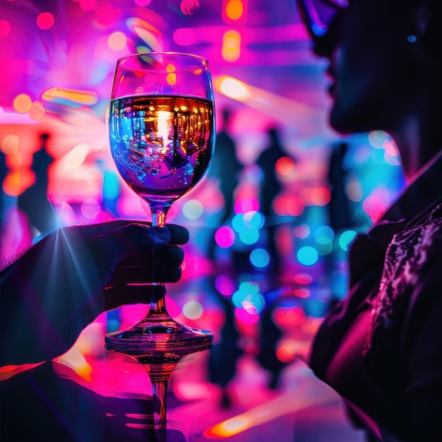 Wine Glass Reflection in Vibrant Party Lights