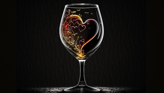 Wine glass with a heart on the side with a black background Generative AI