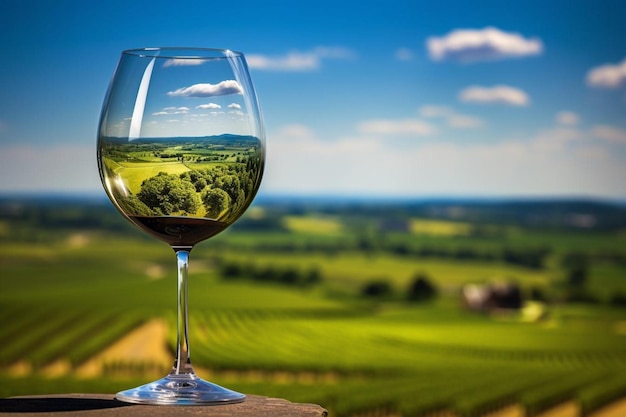 Wine glass with a reflection of a vineyard in spri wine photos817jpg