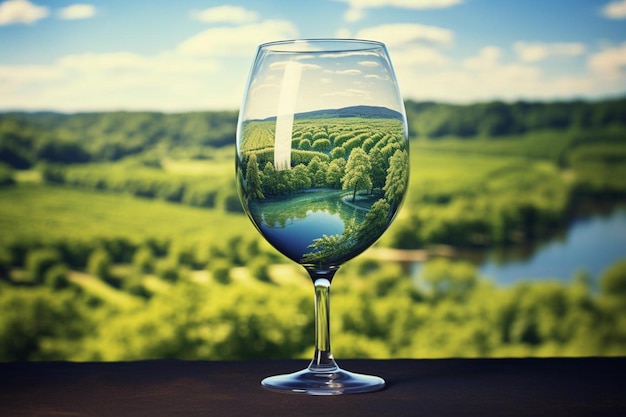 Wine glass with a reflection of a vineyard in spri wine photos823jpg