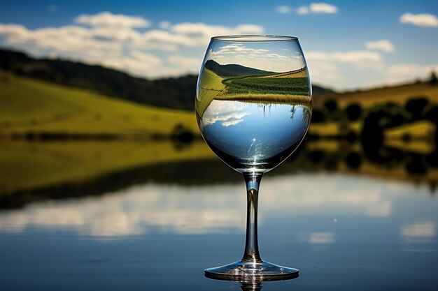 Wine glass with a reflection of a vineyard in summ wine photos866jpg