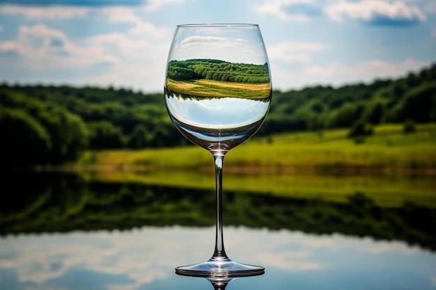 Wine glass with a reflection of a vineyard in summ wine photos891jpg