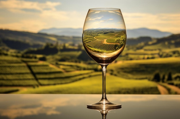 Wine glass with a reflection of a vineyard in summ wine photos898jpg