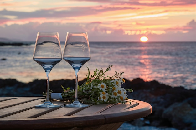 Photo wine glasses and daisies at sunset by the sea