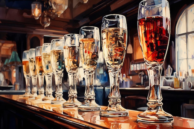 Wine glasses in a row on the bar counter Toned Watercolor painting