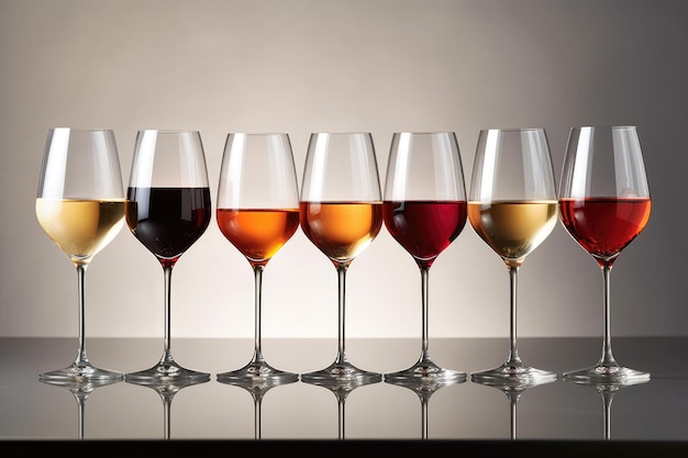 Wine glasses with different types of wine in a row created with generative ai