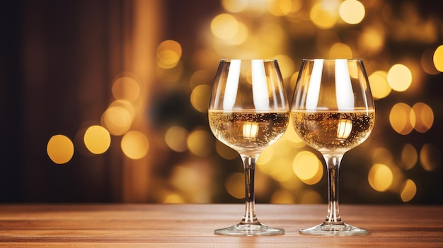 wine glasses on wood table with blur golden bokeh background special holiday Christmas and new year