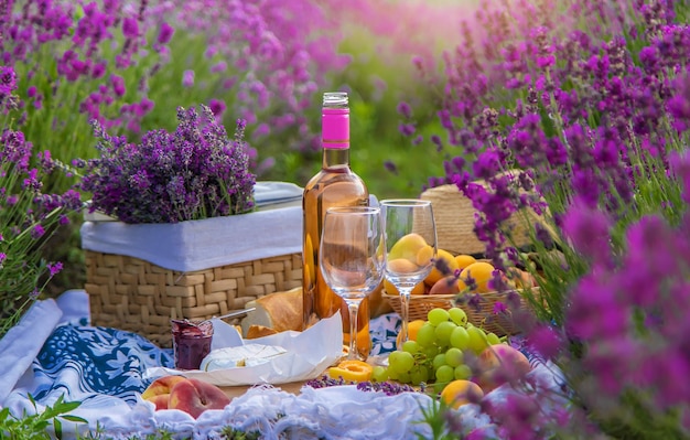 Wine in a lavender field Selective focus