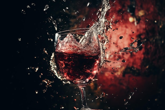 wine splashing into a glass slow motion on dark background