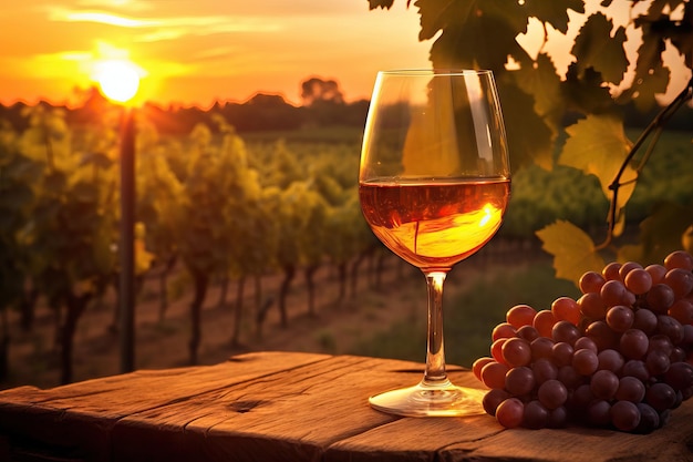 Wine still life against vineyard during a sunsetVineyard in autumn harvest