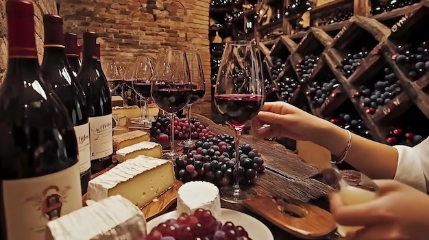 A wine tasting setting with a variety of fine wines cheese and grapes rustic cellar ambiance