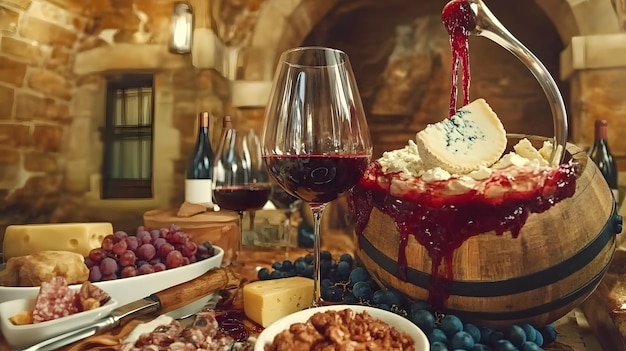 A wine tasting setting with a variety of fine wines cheese and grapes rustic cellar ambiance