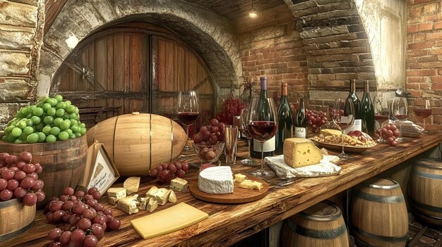 A wine tasting setting with a variety of fine wines cheese and grapes rustic cellar ambiance