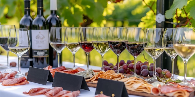 A wine tasting setup in a vineyard with a variety of wine glasses filled with different wines a charcuterie board and lush grapevines in the background