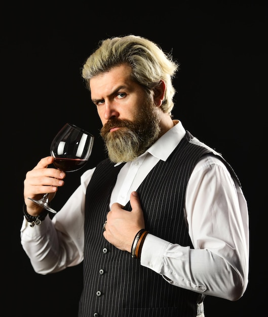 Wine Training School working in cellar bar or winery wine degustation Bearded businessman in suit