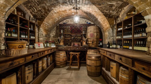 Wine Vault Basement wine cellar bottles of wine and vintage barrels