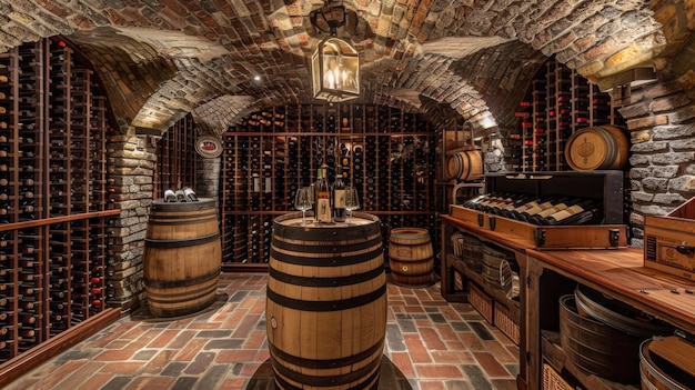 Wine Vault Basement wine cellar bottles of wine and vintage barrels