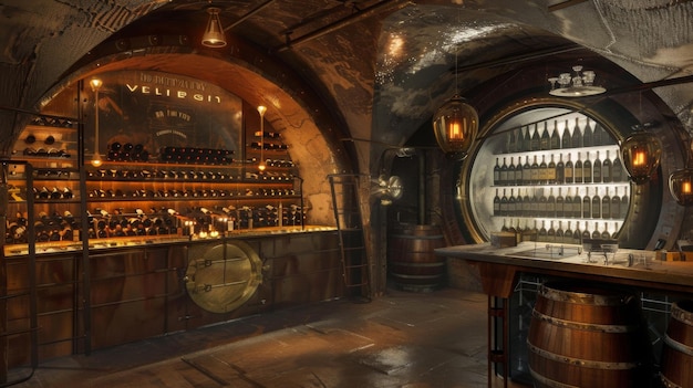 Wine Vault Basement wine cellar bottles of wine and vintage barrels