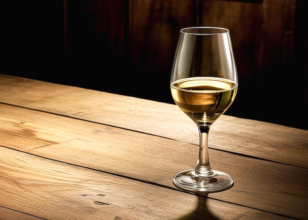 Wineglass of white wine on a wooden table in a restaurant