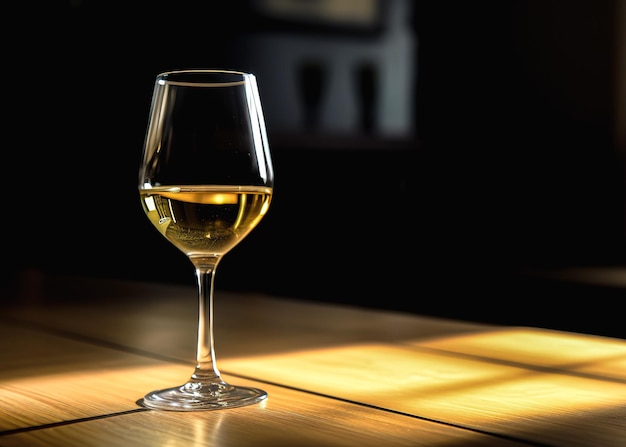 Wineglass of white wine on a wooden table in a restaurant