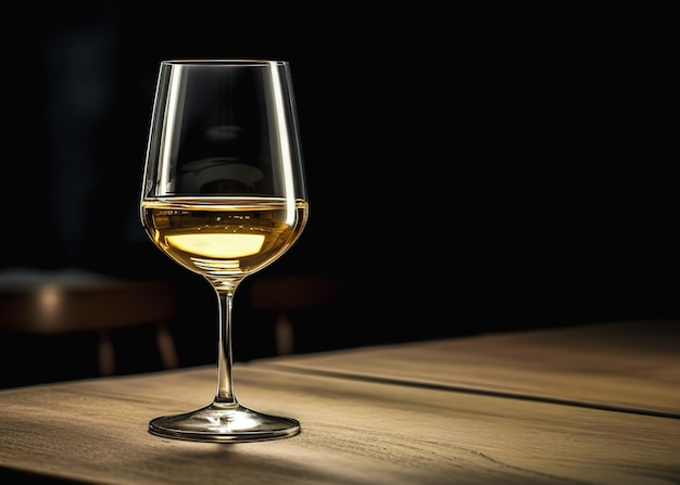 Wineglass of white wine on a wooden table in a restaurant