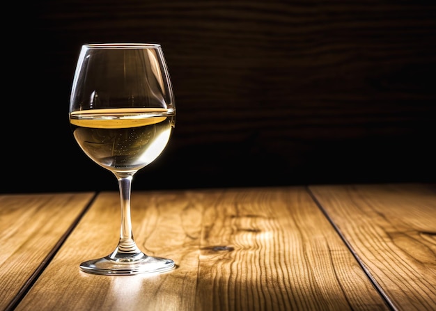 Wineglass of white wine on a wooden table in a restaurant